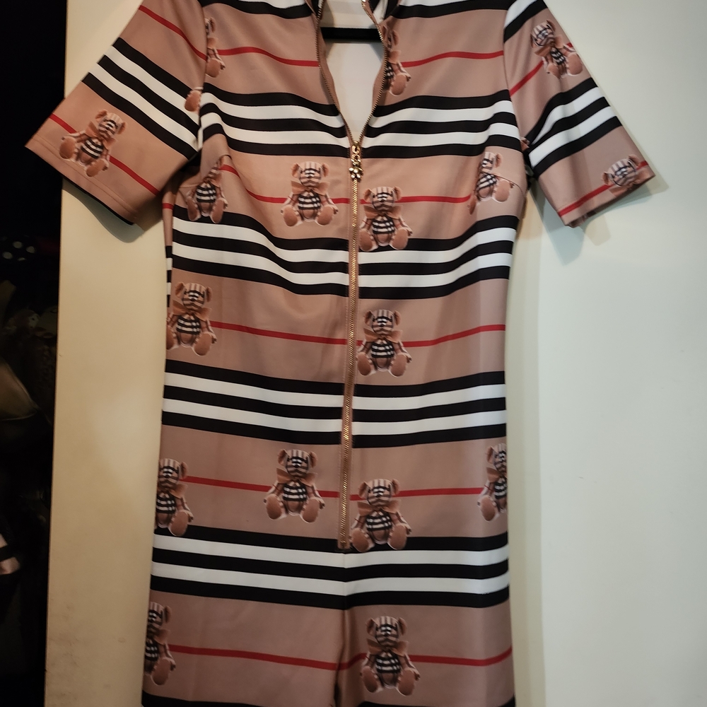 Striped Short Sleeve Romper with Bear Print